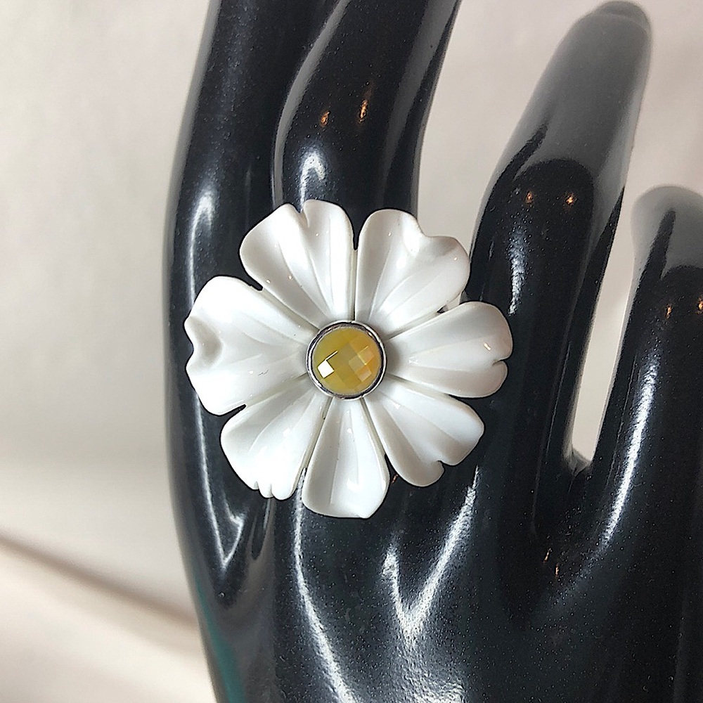 WHITNEY KELLY Sterling Silver Faceted Citrine White Daisy Cocktail Ring Sz 10